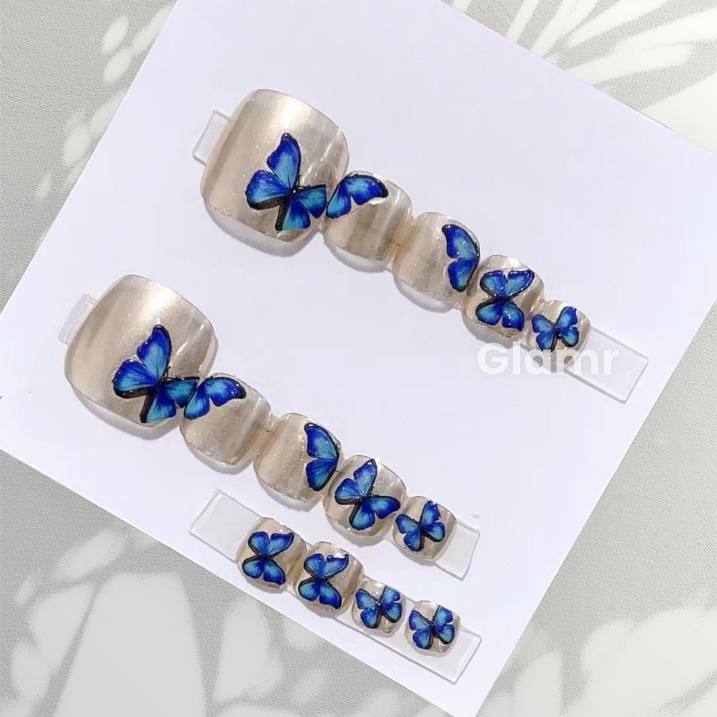 Toe Press-on Nails | Blue Butterflies and Champagne Gold